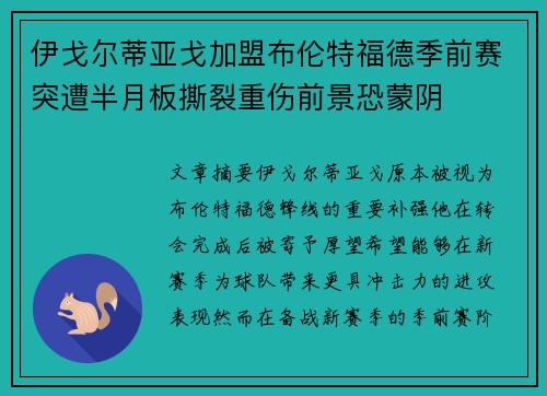 伊戈尔蒂亚戈加盟布伦特福德季前赛突遭半月板撕裂重伤前景恐蒙阴 伊戈尔蒂亚戈加盟布伦特福德季前赛突遭半月板撕裂重伤前景恐蒙阴